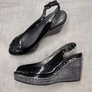 Stuart Weitzman Excise Black‎ Patent Leather Slingback Platform Wedge Heels 7.5
